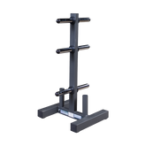 Olympic plate tree and bar holder with six storage posts for weight plates, designed for gym organization and strength training.